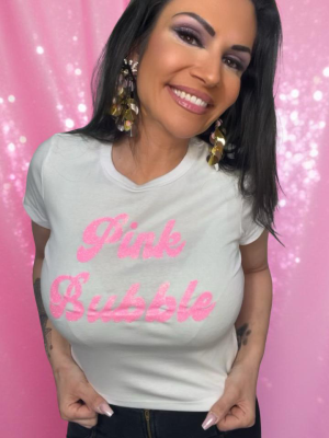 Shirt kurz – Weiß/Neonpink Glitzer