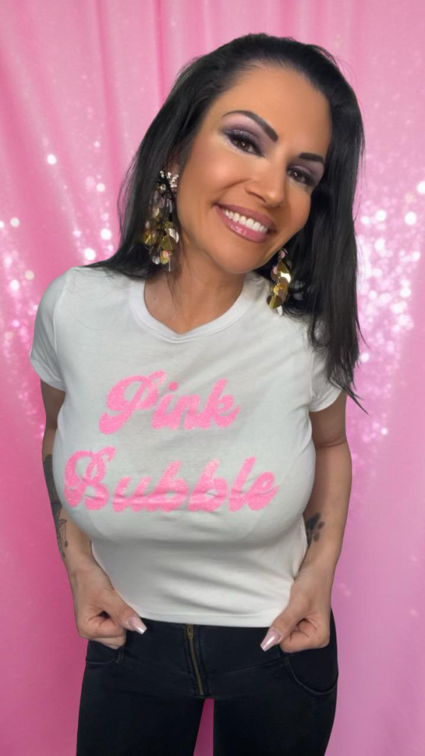 Shirt kurz – Weiß/Neonpink Glitzer