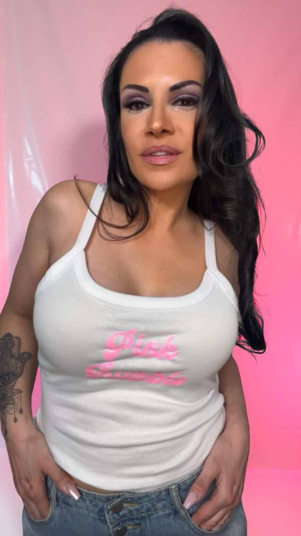 Top – Weiß mit rosa Glitzerschriftzug