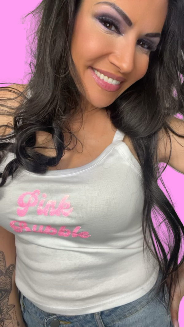 Top – Weiß mit rosa Glitzerschriftzug – Bild 3